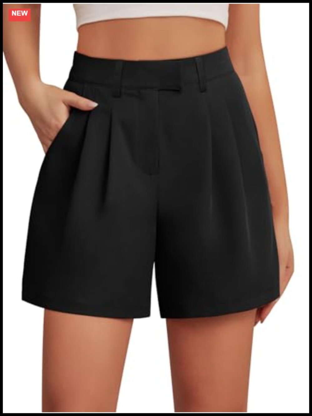 Womens High Rise Pleated Wide Leg Tailored Suit Shorts with Pockets